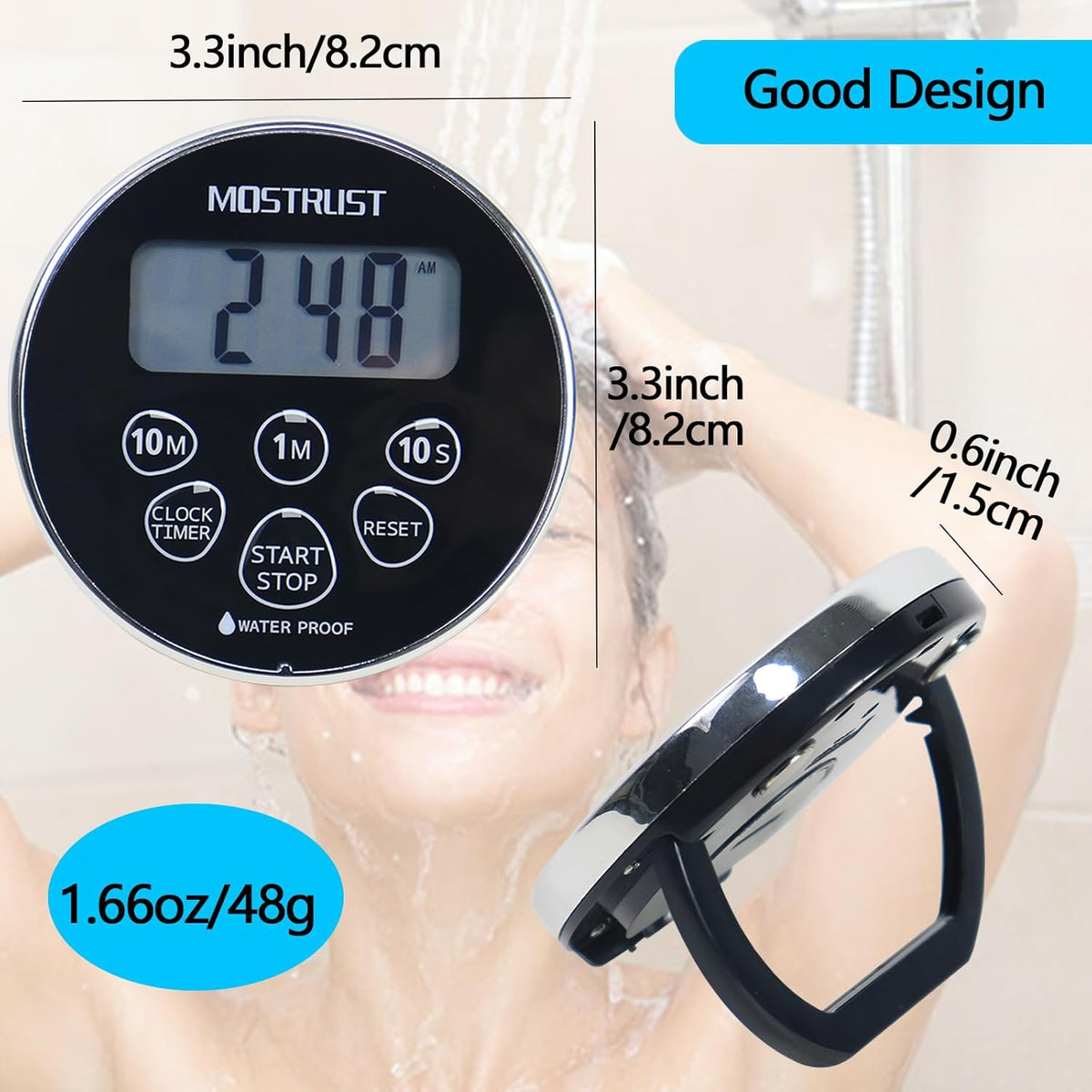 Digital Waterproof Shower Timer Clock, Bathroom Countdown Kitchen Cooking Timer with Alarm, Magnetic Back, Stand Silver Black