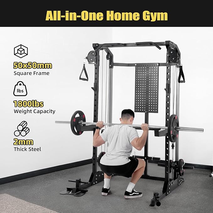 Power Cage, Squat Rack with Cable Crossover and Dual Independent Pulley System, 2000LB Capacity Workout Cage with More Training Attachments, Power Rack for Home Gym