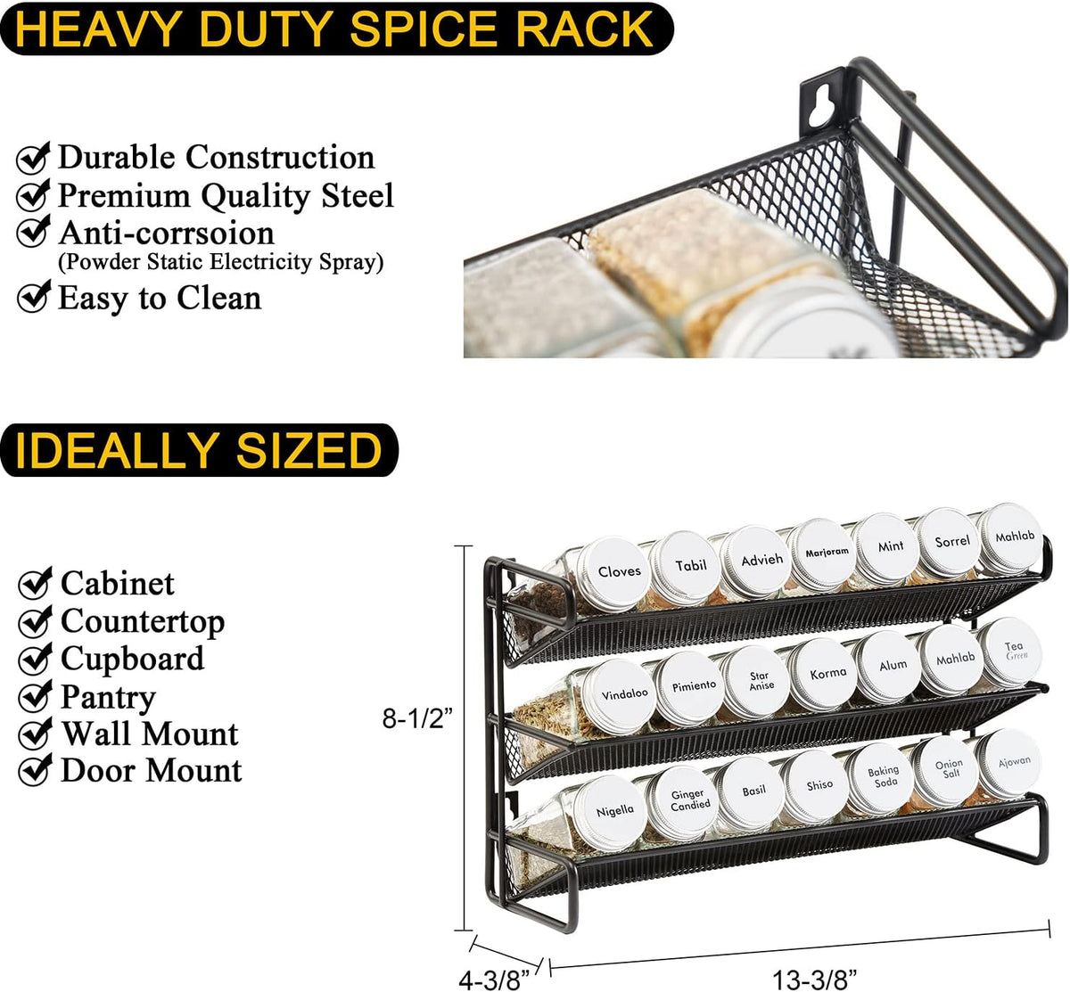 SpaceAid Spice Rack Organizer with 21 Spice Jars, 386 Spice Labels, Chalk Marker and Funnel Set for Cabinet, Countertop, Pantry, Cupboard or Door & Wall Mount - 21 Jars, 13.4" W × 9" H, White