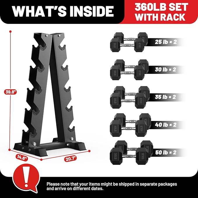 PAPABABE Hex Dumbbell Sets with Rack, 60-550lb Rubber Coated Dumbbell Weight Set and Storage Rack, Multiple Options Hand Weights for Strength Training