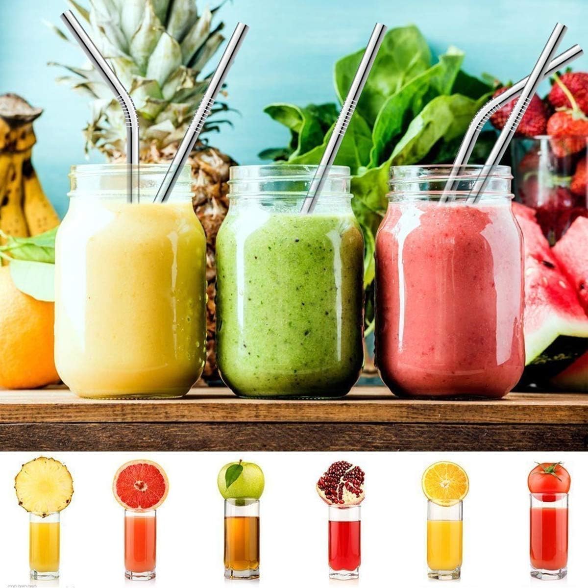 Set of 10 Stainless Steel Straws, HuaQi Bent Reusable Drinking Straws 10.5'' Long 0.24‘’ Dia for 30 oz Tumbler and 20 oz Tumbler, 2 Cleaning Brush Included