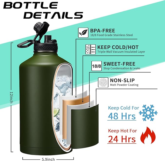 128 OZ Insulated Water-Bottles with Strap - 1 Gallon Water Jug with Straw & Spout Lid, Stainless Steel Large Water Bottle Leak Proof, Cold-48h Hot-24h Metal Water Flask w/Paracord Handle, Carrier Bag