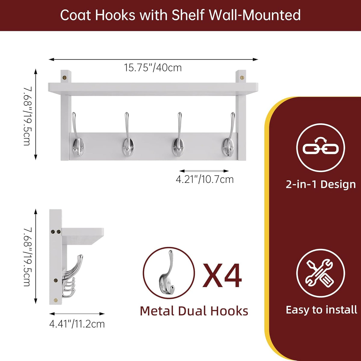 2 Pack Coat Rack Wall Mount, Bamboo Coat Hook with Storage Shelf, Coat Hanger with 8 Dual Hooks, Wall Floating Shelf for Entryway Hallway Kitchen, Bathroom, Bedroom (White+Slive)
