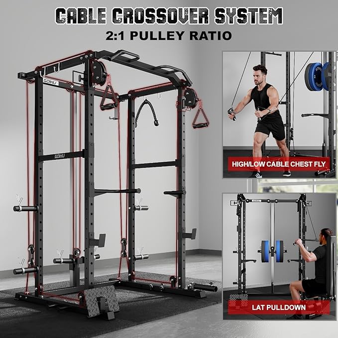 R1-V4 Power Cage Rack, 2000LB Squat Rack with Cable Crossover System, Multi-Function Weight Cage, Home Gym Workout Machine with More Training Attachments
