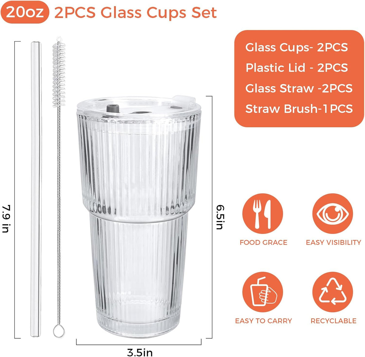 2PCS 20oz Glass Cups with Lids and Straws, Iced Coffee Cups with Lids, Stylish Ribbed Thick Drinking Glasses Tumbler for Juice, Smoothies, Cold Beverages, Cute Cup Gifts with Clean Brush