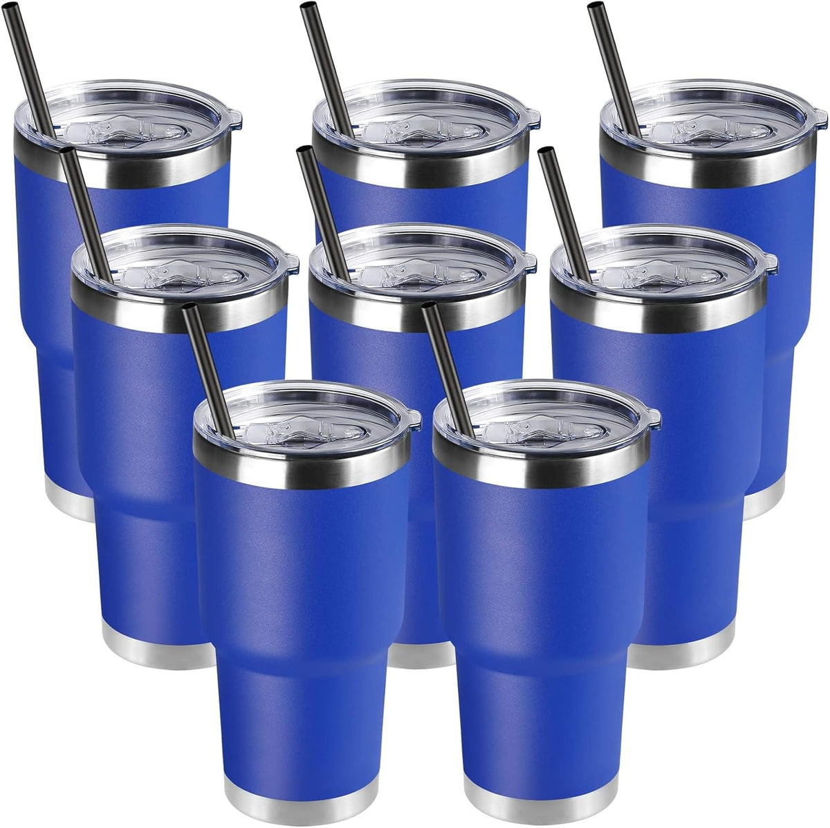 DOMICARE 30oz Tumbler Bulk with Lid and Straw, Double Wall Travel Coffee Mug, Insulated Vacuum Stainless Steel Tumblers, Powder Coated Tumbler Cup (Dark Blue, 8)