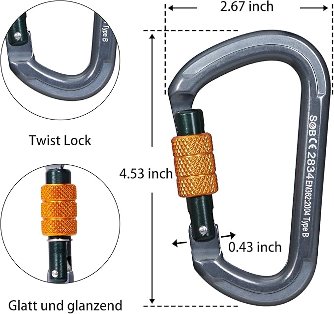 Auto Locking Rock Climbing Carabiner Clips, Heavy Duty Asymmetrical Carabiner Connector Used for Rappelling Rescue Outdoor Climbing, Mountaineer, Hammock, Camping