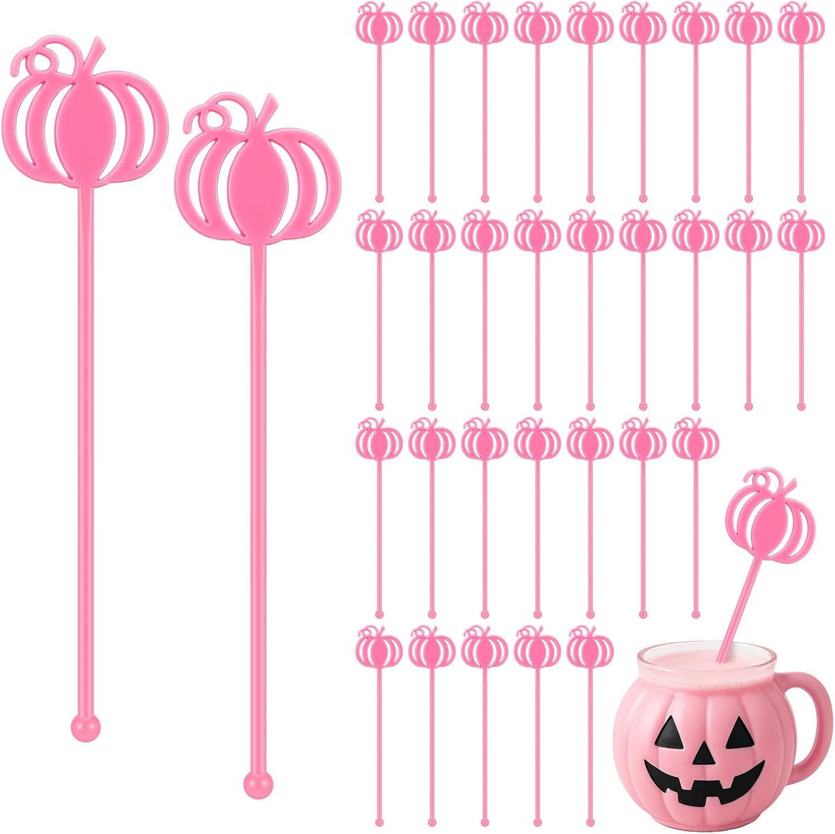 30 Pcs Halloween Swizzle Sticks Plastic Coffee and Cocktail Stirrers Fall Thanksgiving Drink Stirrers Cocktail Mixers for Halloween Fall Autumn Party Tea Coffee Bar Decoration(Pink Pumpkin)
