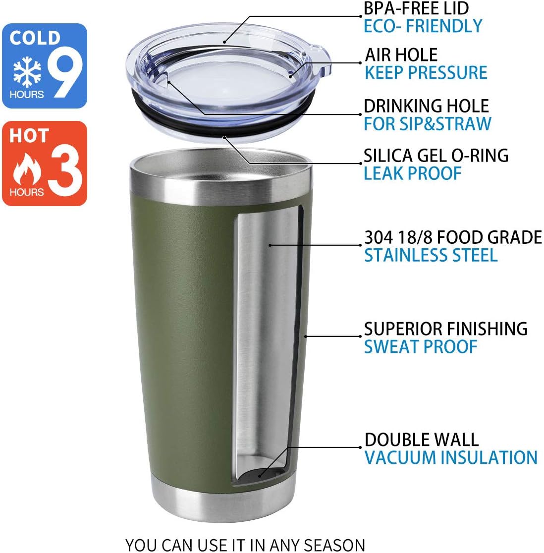 HASLE OUTFITTERS 20oz Tumblers Bulk Stainless Steel Cup with Lid Double Wall Vacuum Insulated Coffee Mug for Cold & Hot Drinks 8 Pack, Army Green