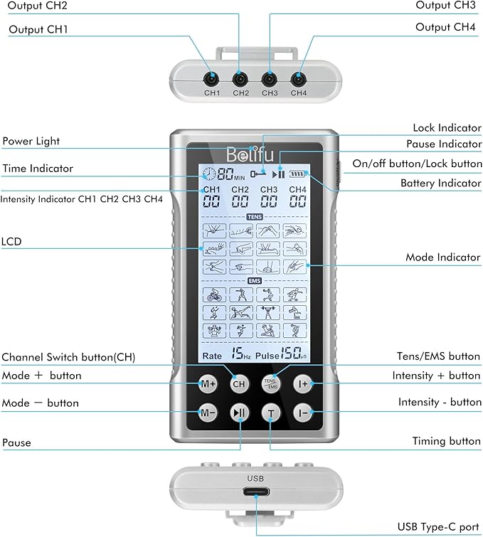 Belifu 4 Independent Channel TENS EMS Unit, 24 Modes,30 Level Intensity Muscle Stimulator Machine, Rechargeable Electric Pulse Massager with 10 Pads&5 Set Leads Wires, for Pain Relief Therapy (Silver)