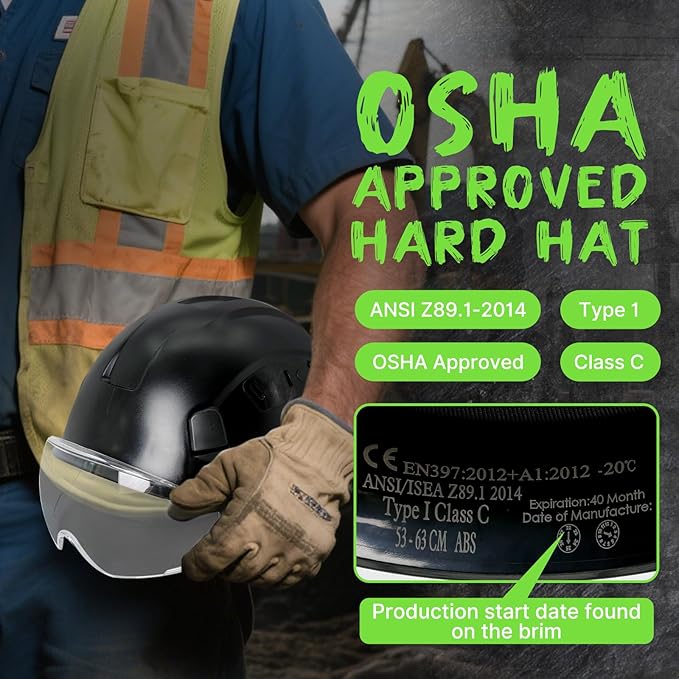 AOLAMEGS Construction Hard Hats for Men - ANSI Z89.1 OSHA Approved Safety Helmets, Black Hard Hat, Adjustable Vented Construction Hat with Clear Visor and Chin Strap, High Impact ABS Hardhats