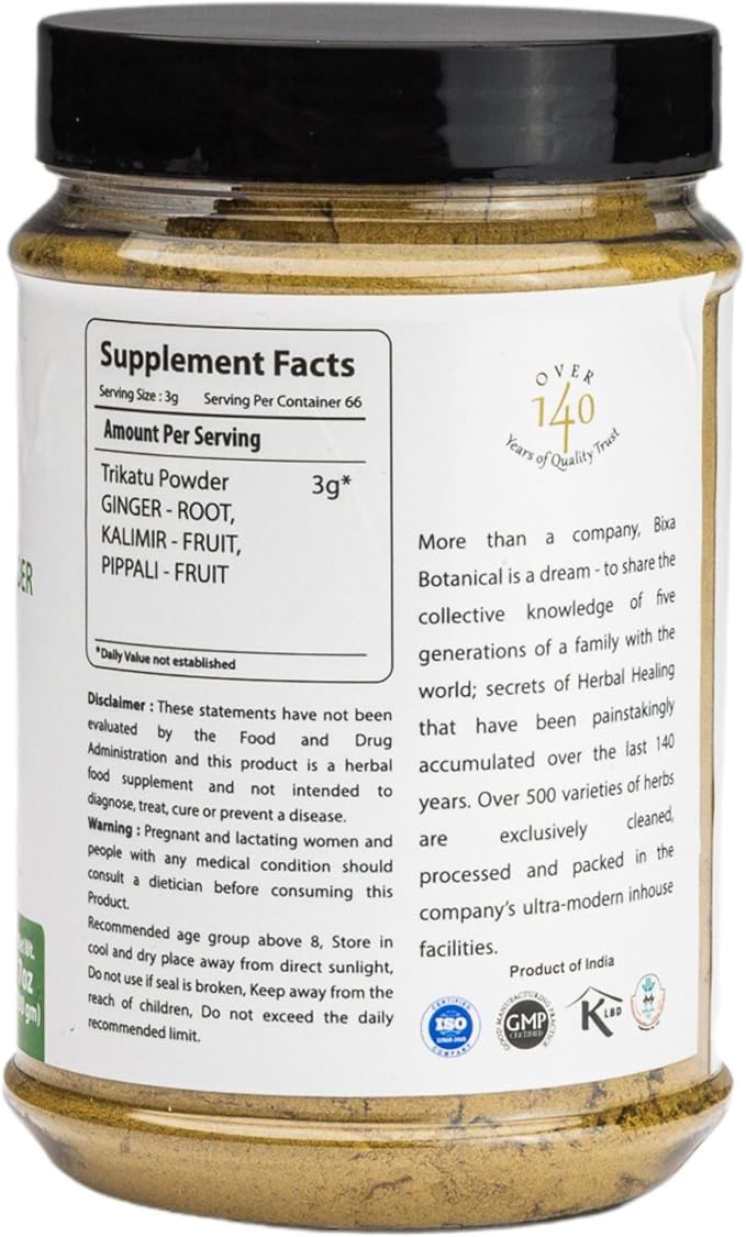 bixa BOTANICAL Trikatu Powder ǀ 200 Grams / 7 OZ | Ayurvedic Herbal Supplement for Heartburn, Digestive Support, Overeating | Gluten Free, Non-GMO, Steam Treated, Vegan, 100% Pure.