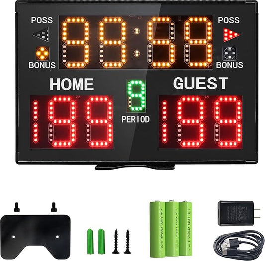 Basketball Digital Scoreboard with Remote,Battery Powered Portable Tabletop Electronic Scoreboard with 75dB Buzzer,Countdown Timer & Score for Games