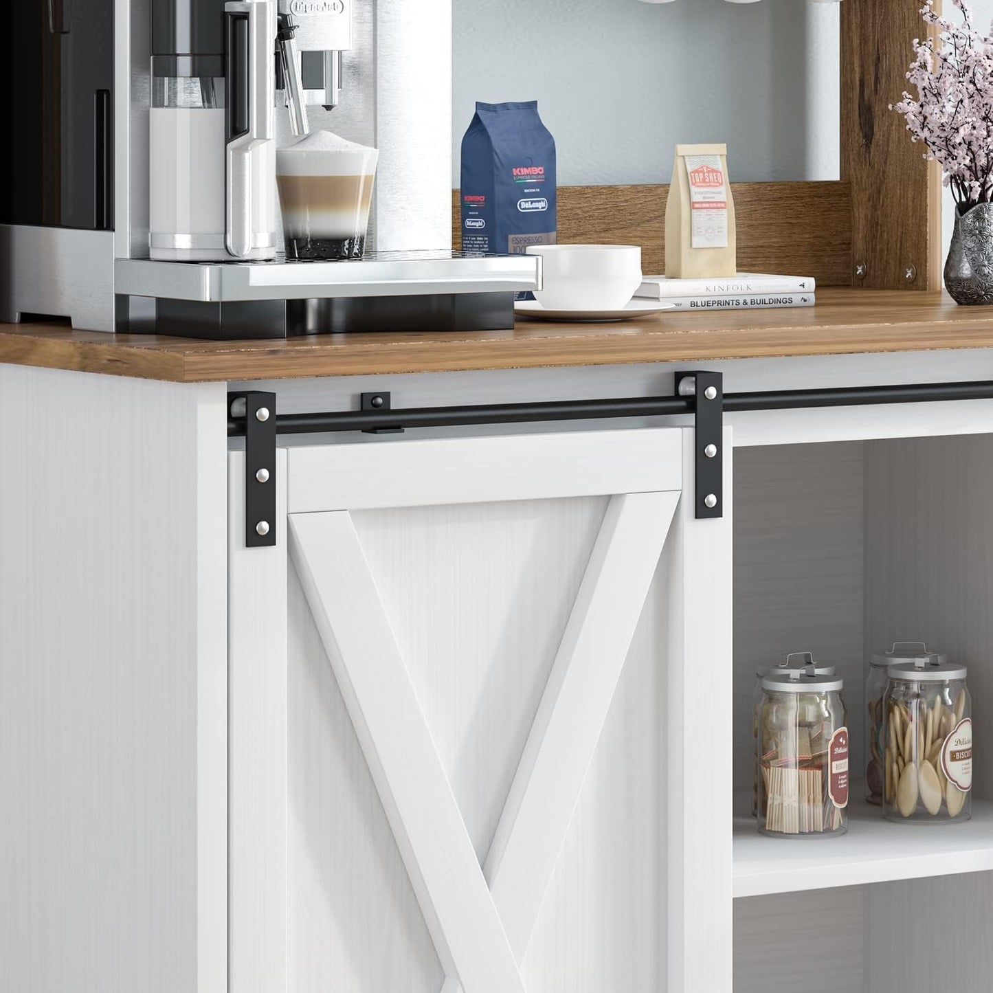 Farmhouse Coffee Bar with Hutch, White Coffee Bar Cabinet with Storage Sliding Barn Door, 31 Inch Buffet Cabinet with 6 Hooks, Coffee Bar Table with Adjustable Shelves for Living Dining Room