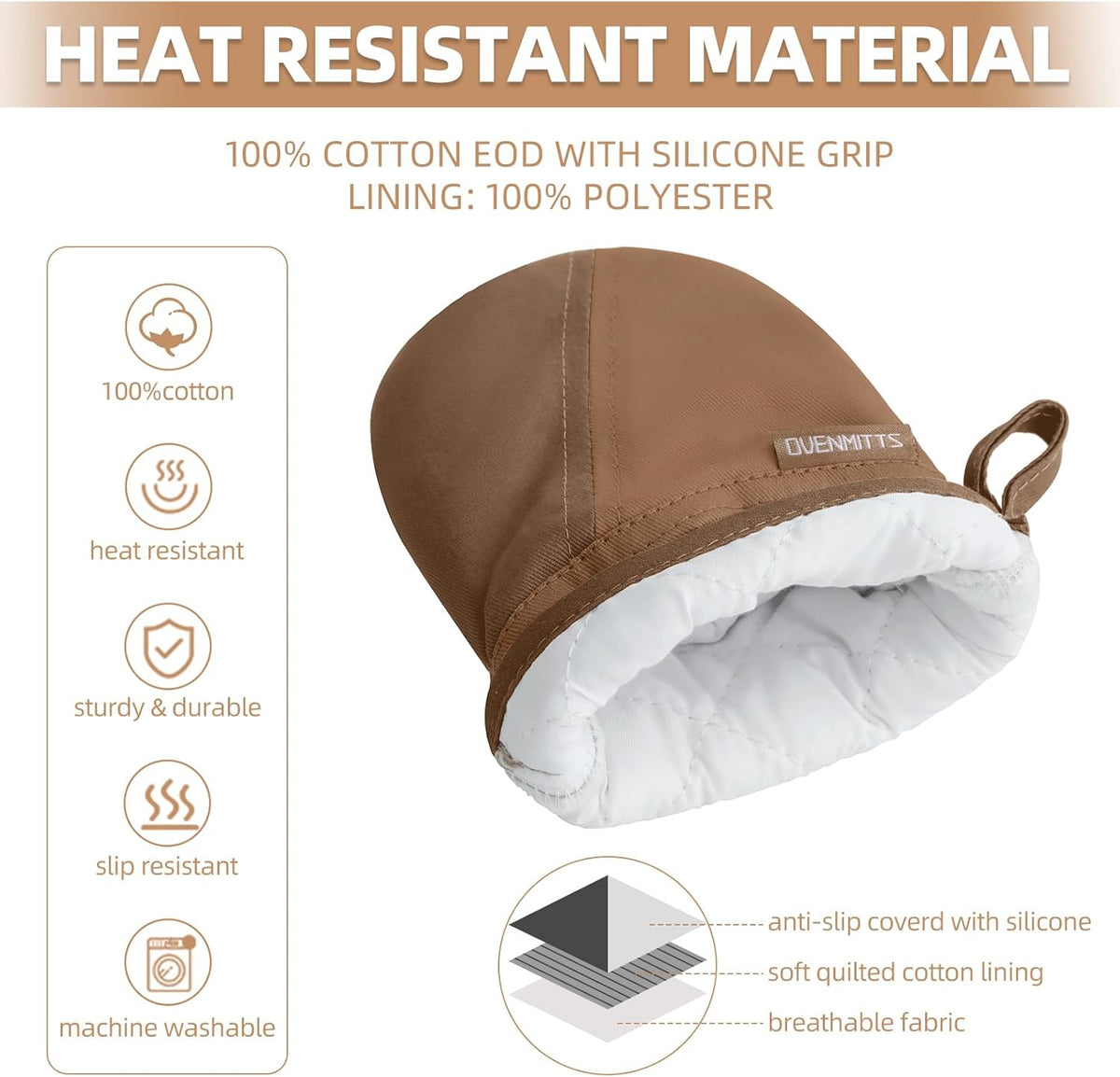 Mini Oven Mitts, Kitchen Oven Gloves Kitchen Mittens 500 Degrees Heat Resistant Baking Gloves, Non-Slip Silicone Surface with Hanging Loops Hot Gloves for Cooking, Baking, BBQ 1 Pair-Brown