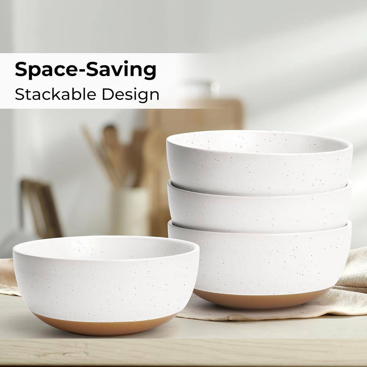 MIAMIO – Set of 4, 28 Ounce Ceramic Soup Bowls/Cereal Bowl Set for Salad, Oatmeal, Fruit, Rice – Dishwasher & Microwave Safe – Aura Collection (Creamy Cocoa, Bowls (4x))