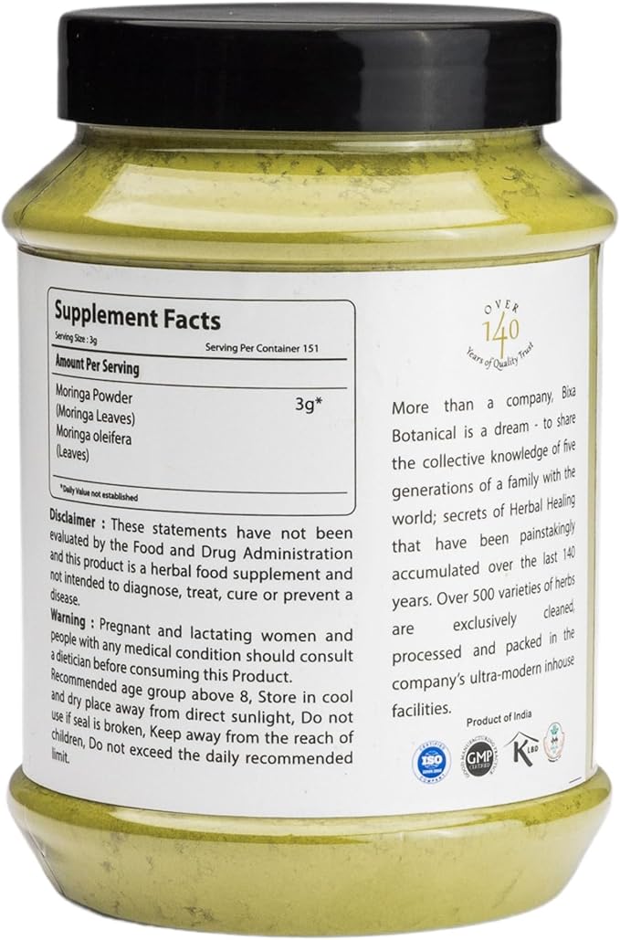 bixa BOTANICAL Moringa Powder (Organic Moringa Oleifera - 100% Pure Moringa Leaf/Drum Stick Shigru) | Perfect for Drinks, Tea,Smoothies & Recipes - 16Oz
