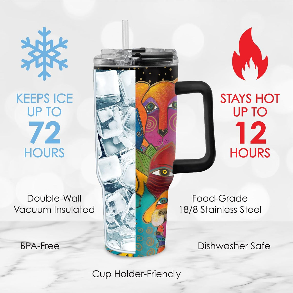 RainCaper 18/8 Stainless Steel Insulated Water Tumbler with Straw | 30oz, BPA-Free, Double Wall for Hot & Cold | Travel-Friendly, Cup Holder Ready (Laurel Burch Dog)