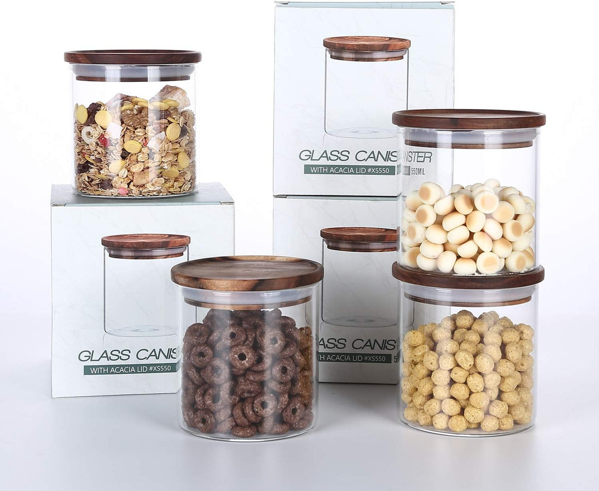 KKC HOME ACCENTS Airtight Glass Food Storage Jars with Wood Lids for Coffee,Sugar,Salt,Wooden Top Sealed Glass Kitchen Jars,18 Fluid Ounces