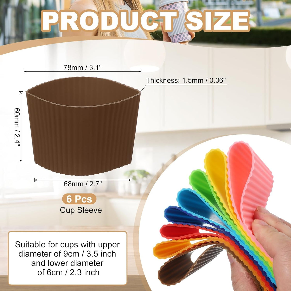 uxcell 6Pack Coffee Cup Sleeves, Reusable Silicone Heat Resistant Cups Protective Sleeve Nonslip Mug Protector Cover for Home Travel Mugs Glasses Water Bottle Boots, Coffee-colored