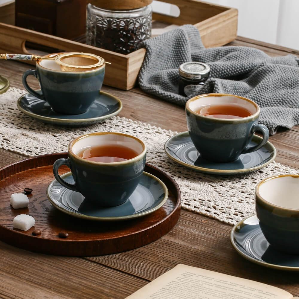 SHUER Ceramic Cappuccino Cup Set of 4, 7.8 OZ Cups and Saucers Set,Coffee Mocha Cup Sets,Black Coffee Cups and Glaze Americano Mugs Great for Party and Low Tea Time (Blue 220ml)