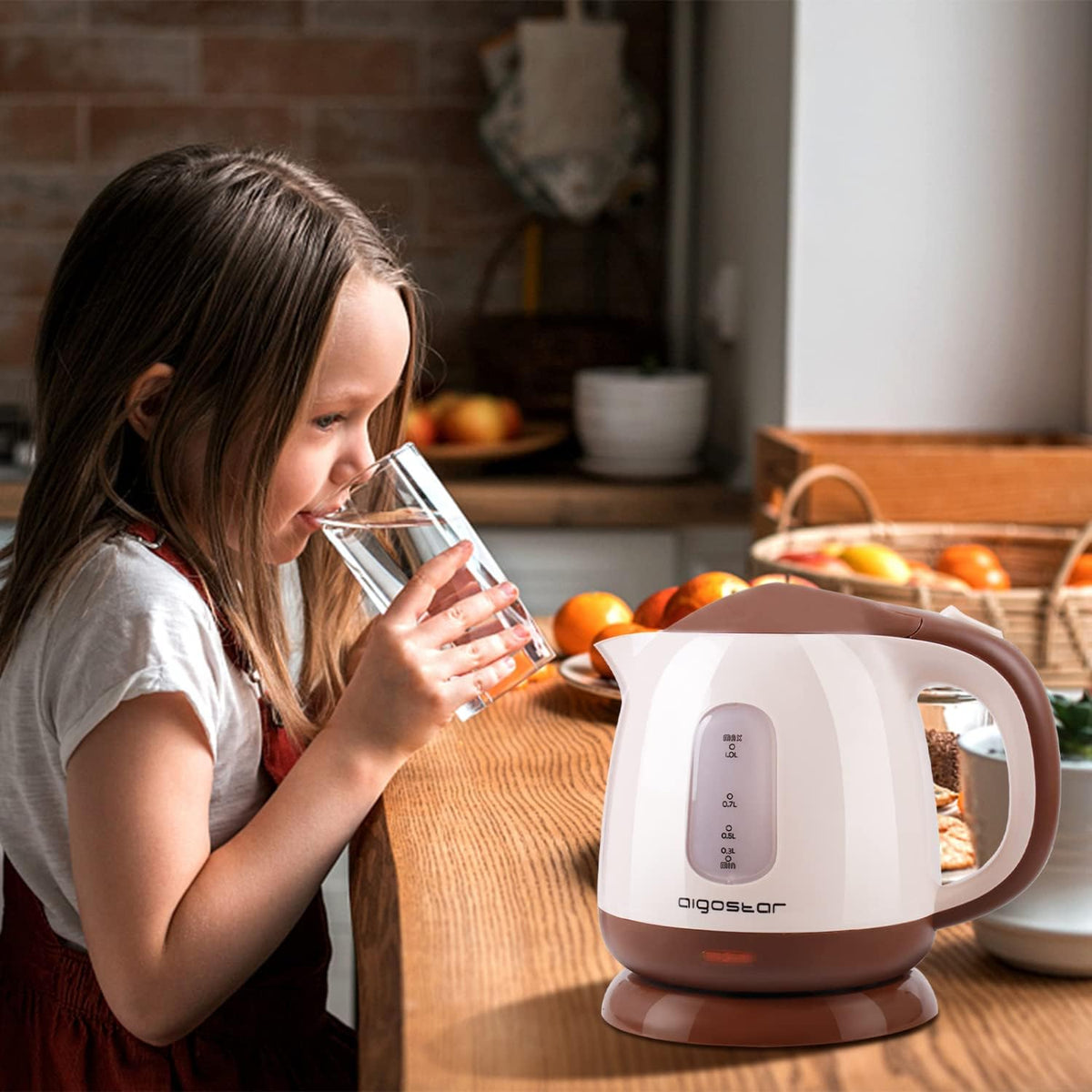 Aigostar Small Electric Kettle, 1L Portable Electric Tea Kettle 1100W with Automatic Shut-Off and Boil Dry Protection, Travel Hot Water Boiler Cordless for Making Coffee and Tea, BPA-Free, Brown