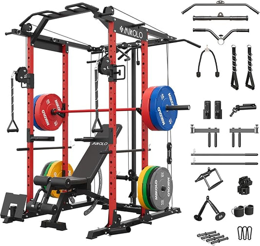 Mikolo Power Cage, Power Rack with Cable Crossover System, 1500LBS Squat Rack with LAT Pull Down System, Workout Cage with Pulley System for Fitness Home Gym
