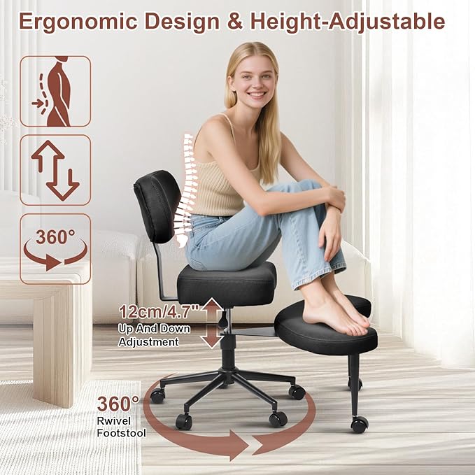 Meditation Chair Cross Legged ADHD Office Chair for Adults with Wheels Ergonomic Back Support and Leg Rest for Multi Position Criss Cross Sitting Kneeling and Yoga Height Adjustable, Mesh Style