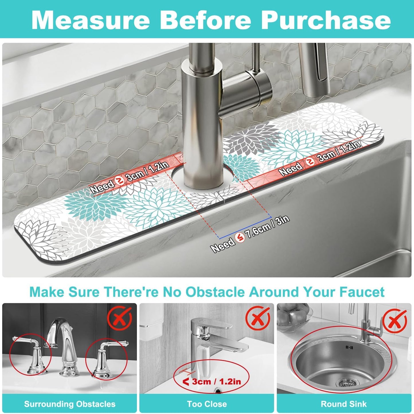 Findosom 2PCS 17" x 32" Dish Drying Mat & 24" x 5.5" Sink Splash Guard, Super Absorbent & Cuttable Dish Mat Drying Kitchen Mat with Teal Floral, Hide Stain Drying Mat for Kitchen Counter