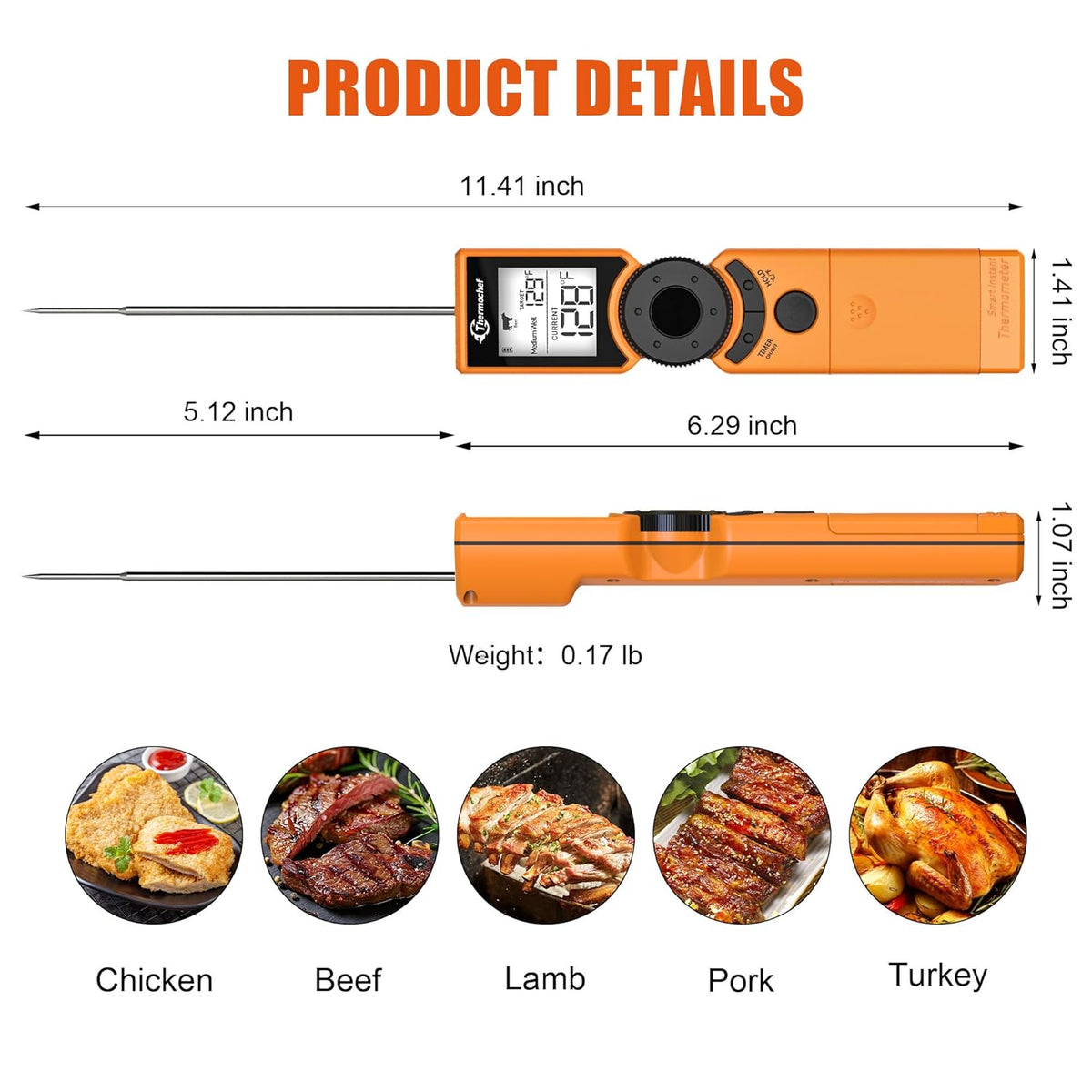 Digital Meat Thermometer for Grill, Instant Read Food Thermometers for Cooking with Food Doneness Guide, Calibration and LCD Backlight Screen, High Accuracy ±1% ℉, BBQ Beef Candy Orange