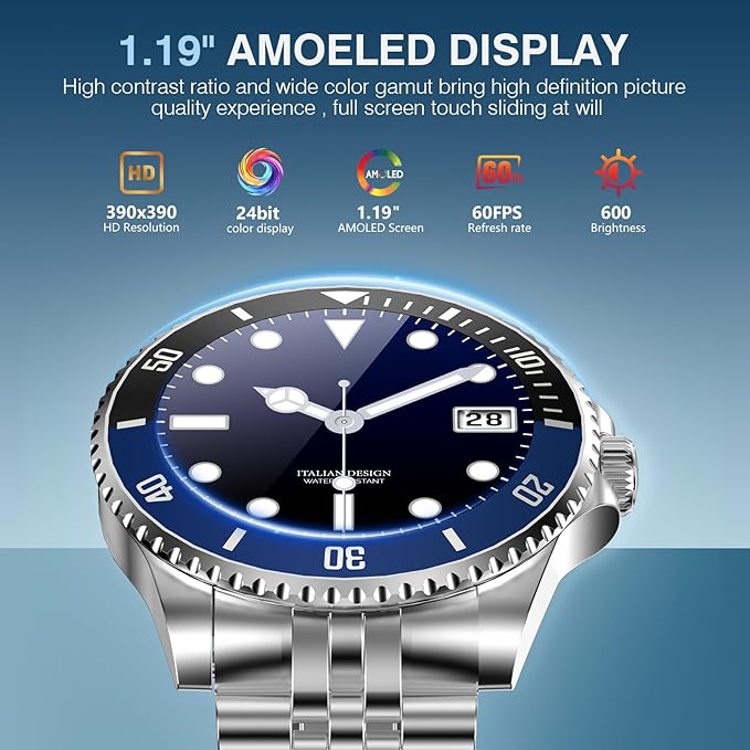 2025 DA GPT Smart Watch for Men, Heart Rate, Blood Pressure, Blood Oxygen, Sleep Monitor, 107 Sports Modes, 1.19-inch AMOLED Display, Waterproof Round Watch, Compatible Android and iOS Silver Blue