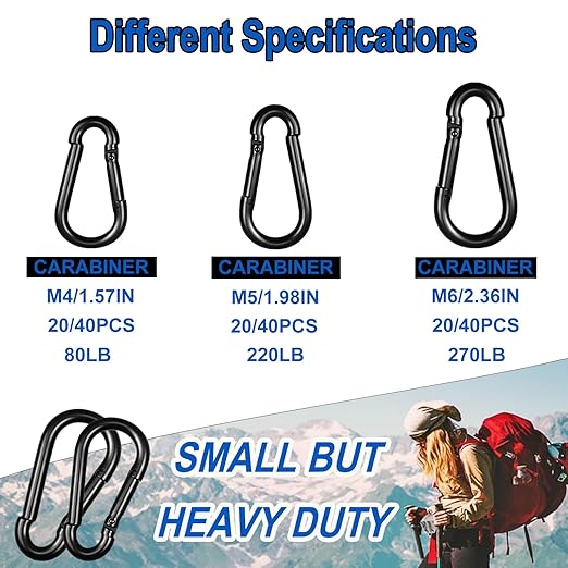 200PCS M6 Black Carabiner Clip,2.36Inch Bulk Snap Hook Quick Link Small Carabiner Clips,Spring Link Buckle for Fishing Camping Hammock Dog Leashes-270LBS Holding Capacity
