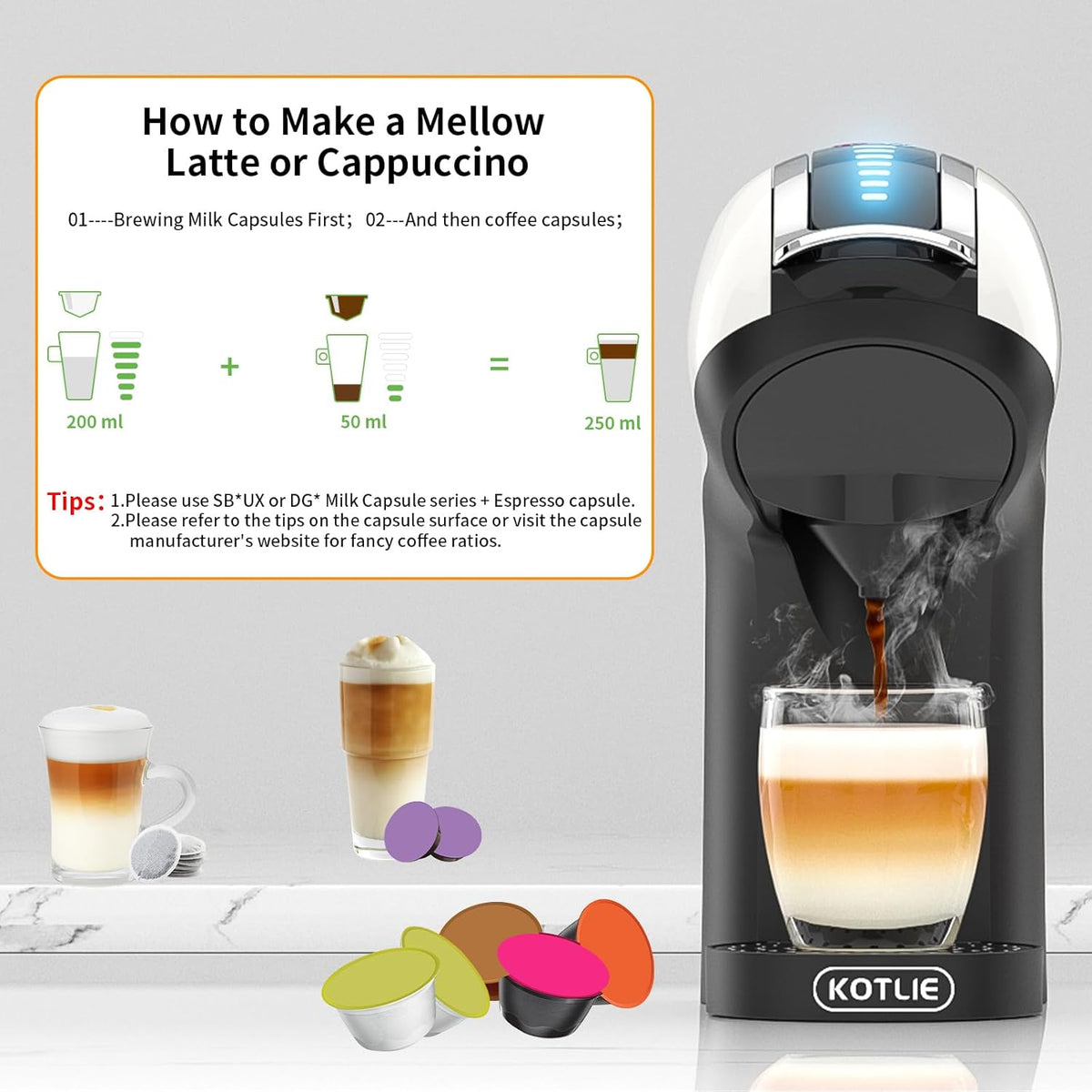KOTLIE 5in1 19Bar Multicapsule Espresso Coffee Machine, Cold&Hot Brewing Single-Serve Coffee Maker, Cappuccino&Latte Maker for Kcup/Dolce Gusto/Nespresso Original/GroundCoffee/44mm ESE EM-308A (White)