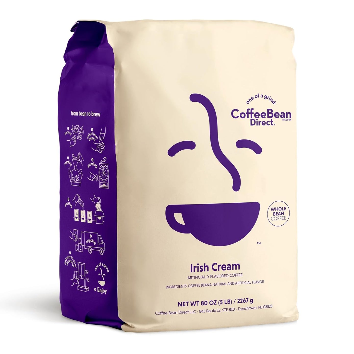 Coffee Bean Direct Irish Cream Flavored, Whole Bean Coffee, 5 Pound Bag (Pack of 1)