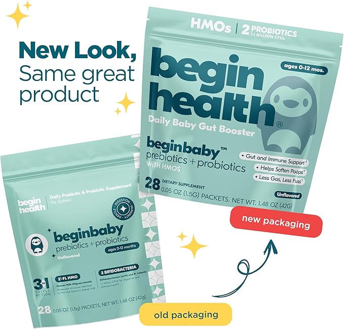 Begin Health BeginBaby Prebiotics and Probiotics for Infants 0-12 Months | Baby Formula Prebiotic + Probiotic Powder with 2'-FL HMO's & B. Infantis for Optimal Digestion | 28-Packs - Unflavored