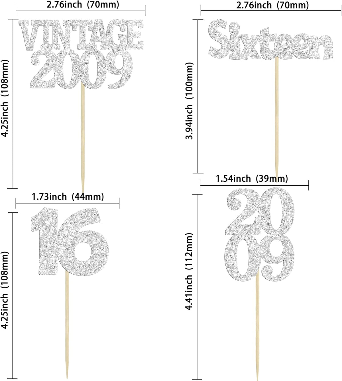 Gyufise 24Pcs 16th Birthday Cupcake Toppers Glitter Sixteen Vintage 2009 Hello 16 Years Birthday Cupcake Picks Sweet 16 Cake Decorations for Happy 16th Birthday Anniversary Party Supplies Silver