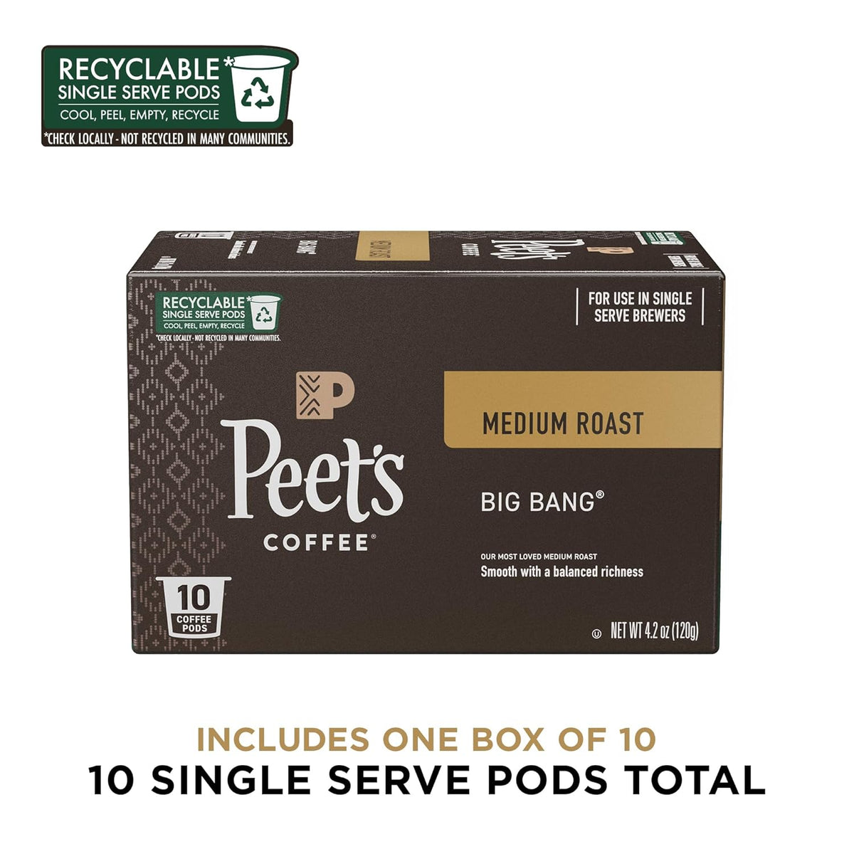 Peet's Coffee, Medium Roast Single Serve Coffee Pods - Big Bang 10 Count (1 Box of 10 Pods)