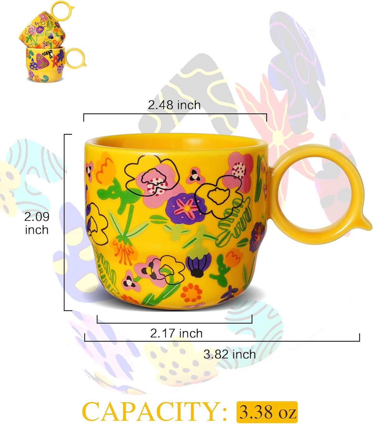 Ceramic Mini Espresso Cups Set of 2 – 3 oz Double Espresso Coffee Cups with Q Handle, Yellolw Floral and fruit Pattern, Small Espresso Shot Cups for Home Coffee Bar,Lungo
