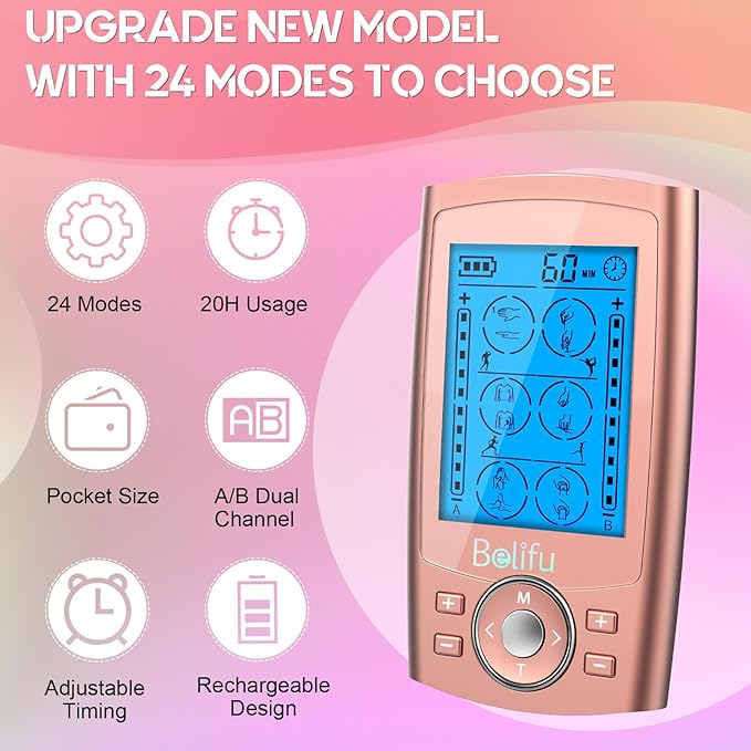 Belifu Dual Channel TENS EMS Unit 24 Modes Muscle Stimulator for Pain Relief Therapy, Electronic Pulse Massager Muscle Massager with 10 Pads, Dust-Proof Drawstring Storage Bag