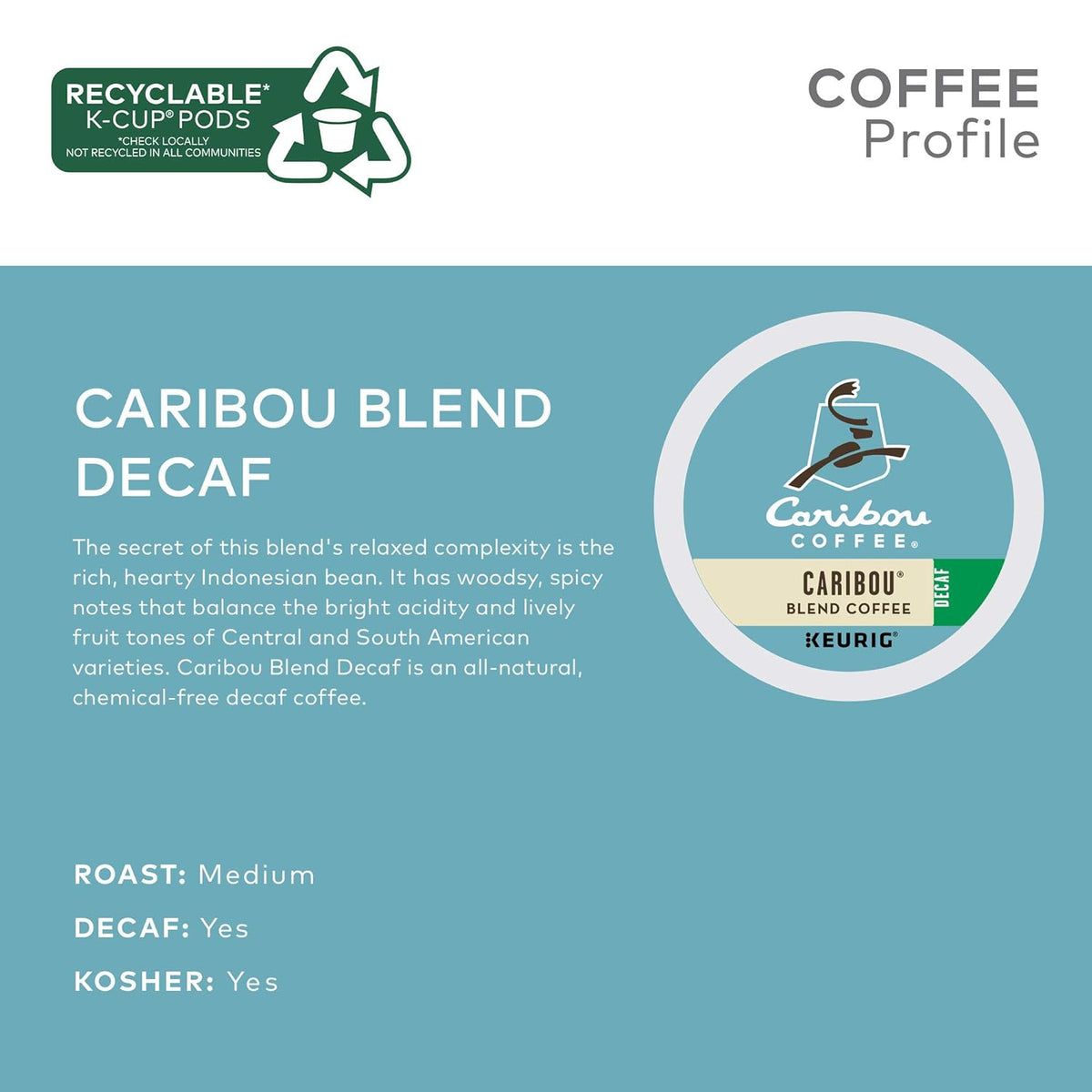 Caribou Coffee Caribou Blend Decaf Keurig Single-Serve K-Cup Pods, Medium Roast Coffee, 96 Count (Pack of 4)