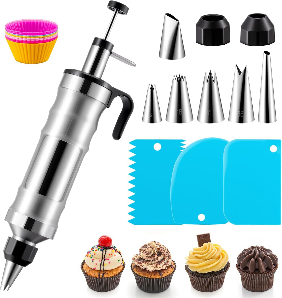 Dessert Decorating Syringe Set, Stainless Steel Frosting & Icing Piping Kit with 6 Tips and 9 Silicone Cupcakes,3 Cream Scraper for Cake Decorating Tools Cupcake Decorating Kit