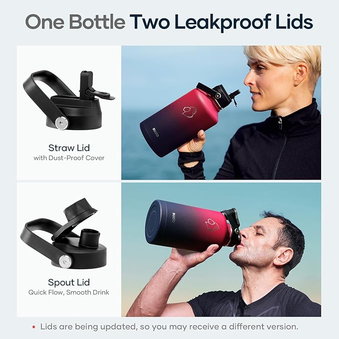 BUZIO 64oz Insulated Water Bottle Stainless Steel Double Wall Leak Proof Half Gallon with Straw Lid and Flex Cap (Cold for 48 Hrs) Sports Flask Metal Travel Mug for Hiking Cycling, Ruby Red Navy