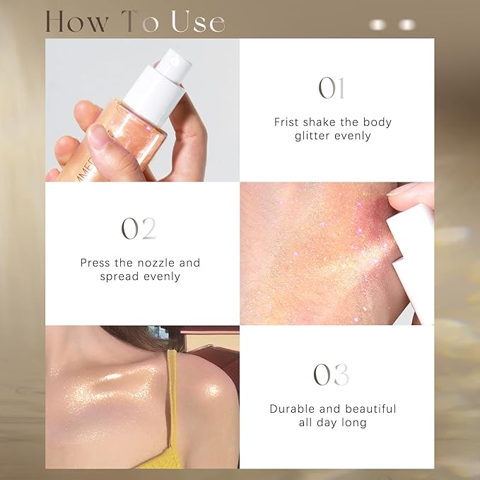 Body Glitter Spray, Moisturizing Bronze Body Shimmer Luminizer Glow Illuminator Quick-Drying and Non-Sticky Liquid Highlighter Spray for Face Hair Glitter, 60ML -Rose Gold