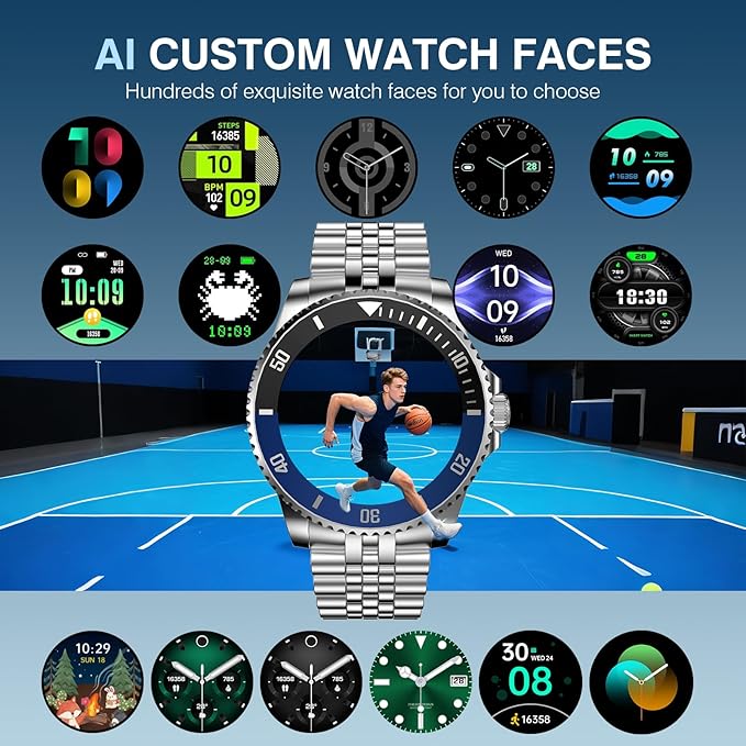 2025 DA GPT Smart Watch for Men, Heart Rate, Blood Pressure, Blood Oxygen, Sleep Monitor, 107 Sports Modes, 1.19-inch AMOLED Display, Waterproof Round Watch, Compatible Android and iOS Silver Blue