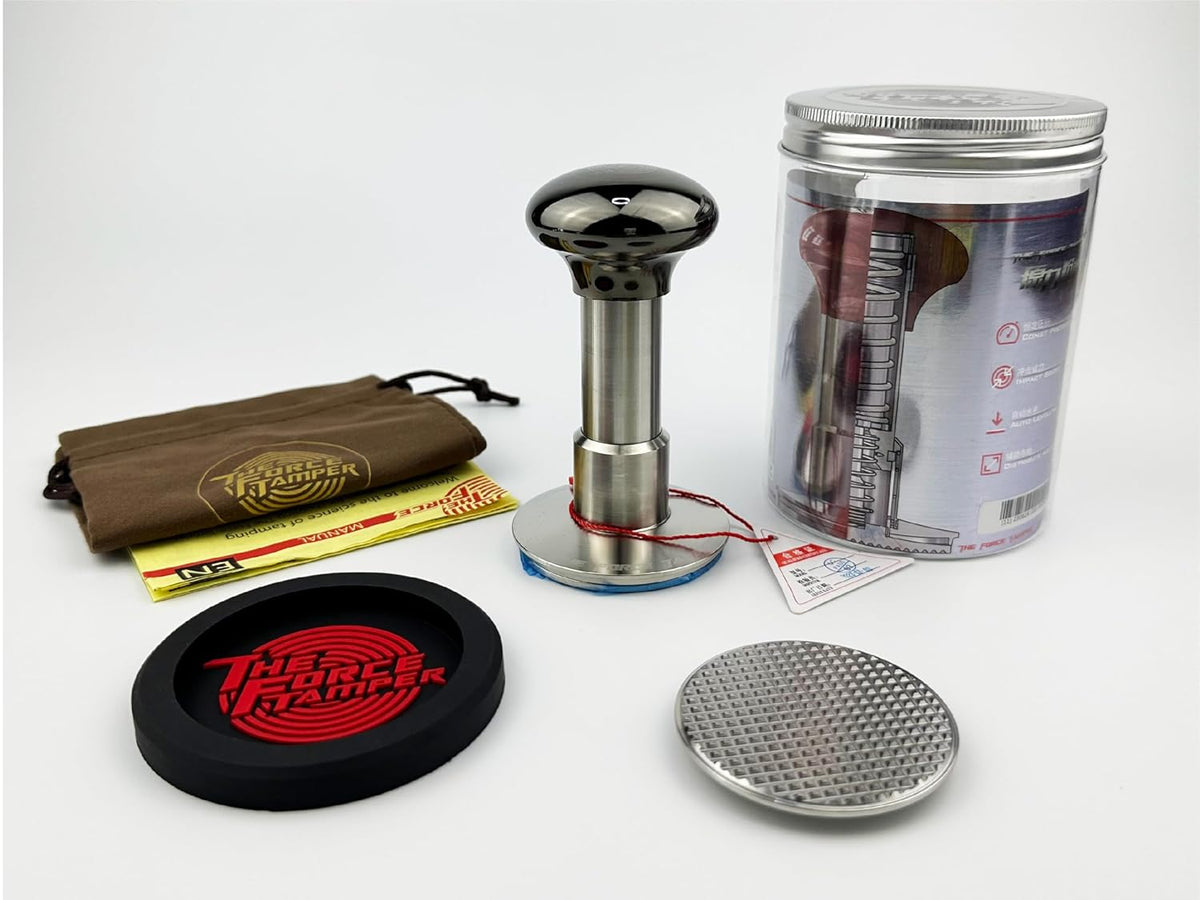 The Force Tamper Automatic Impact Adjustable Constant Pressure and Autoleveling Coffee Tamper Black Mirror Jellyfish AL Handle Set Pro (Waffle-Set, 58.35mm)