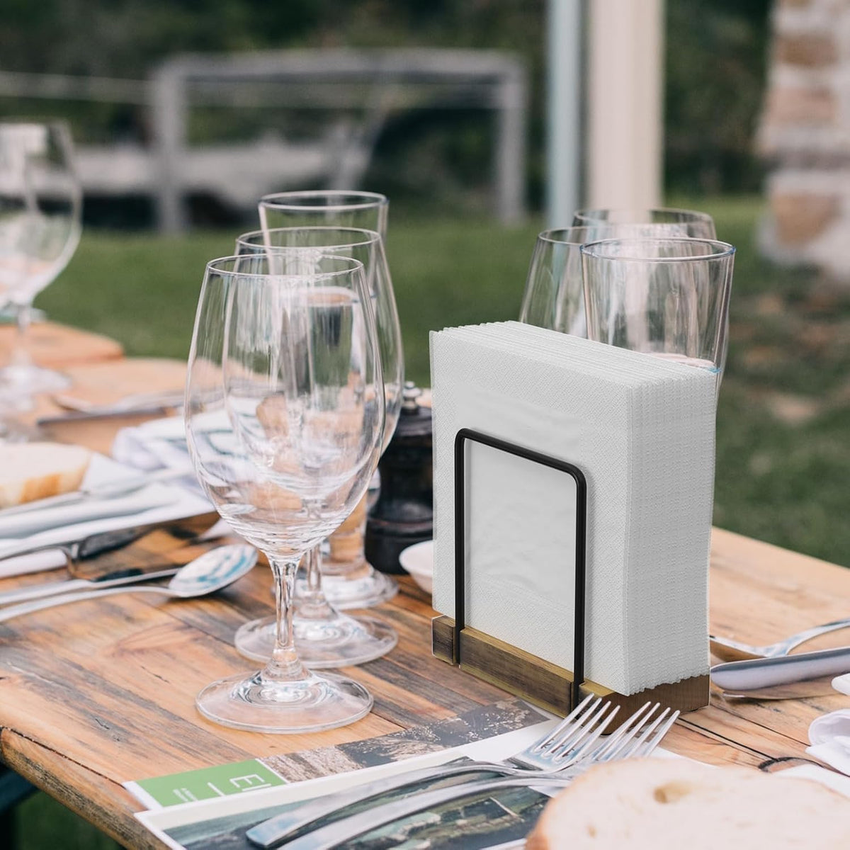 Napkin Holder for Table, Wood Iron Standing Napkin Dispenser for Dining Table Farmhouse Cocktail Picnic Rustic Wooden Holders All Kitchen Dining Room Decor Black & Farmhouse Brown