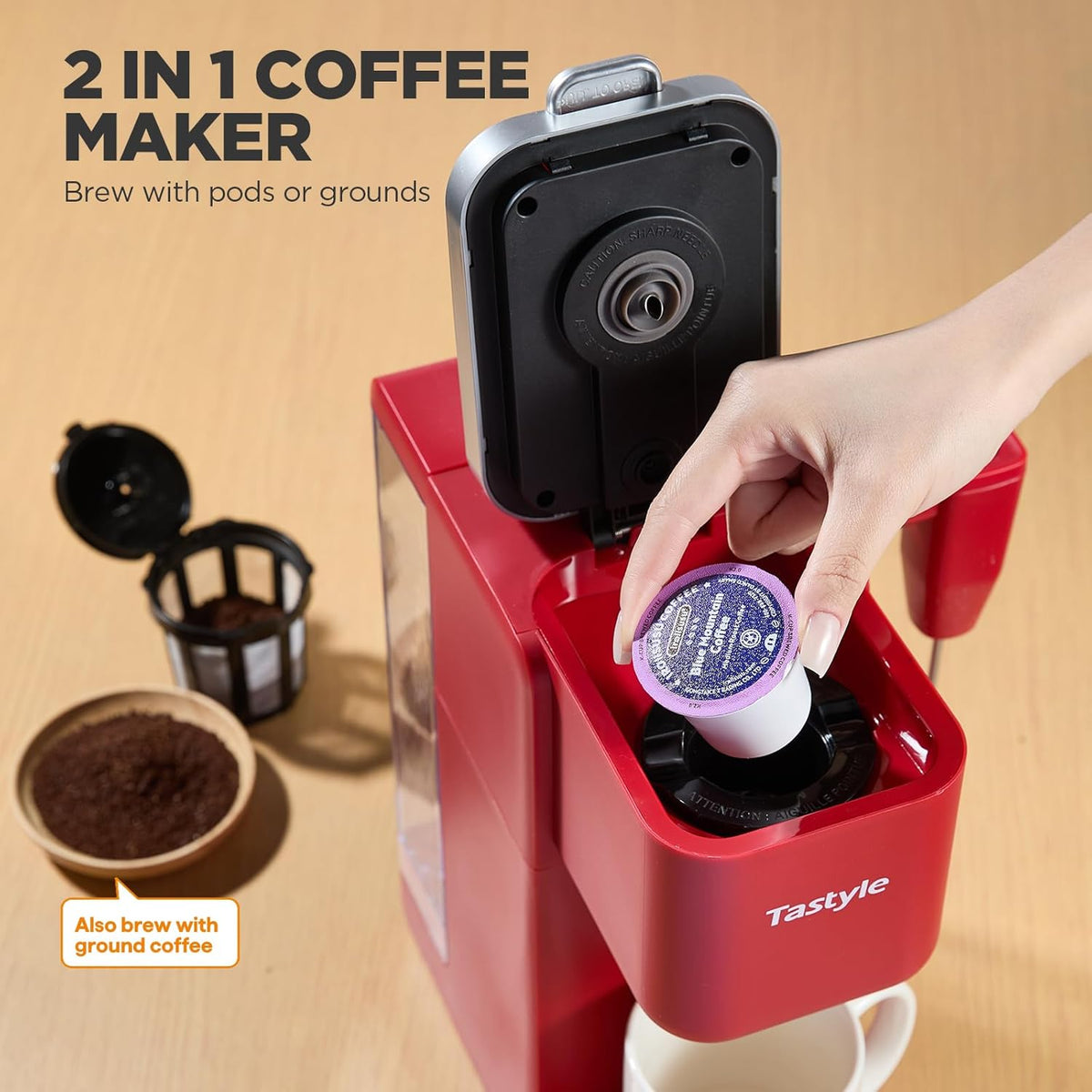Single Serve Coffee Maker with Built-in Detachable Milk Frother, Iced and Hot Coffee Machine for K Cup & Grounds, 40oz Removable Water Reservoir, 6 Cup Sizes, Fits 7.3" Travel Mug, Red