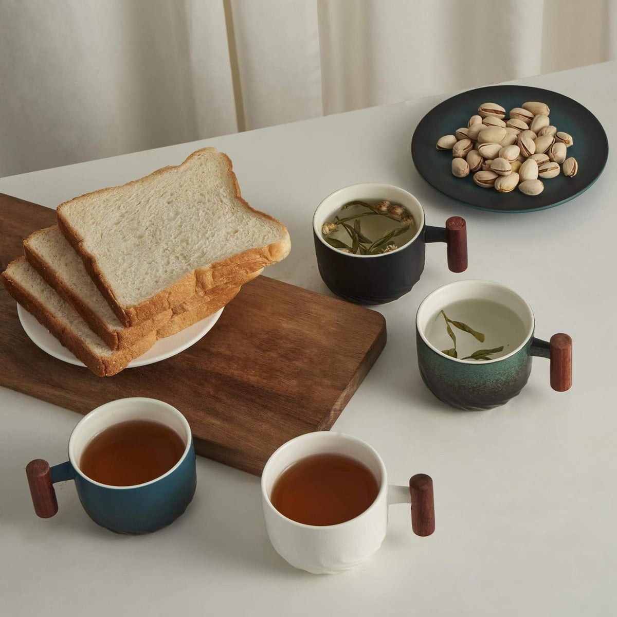 6 Oz Ceramic Espresso Mugs with Wooden Handle, Demitasse Cups for Double Shot Latte Cappuccino Lungo Tea Bag Beverage, Espresso Cups Set of 4
