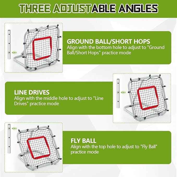 3' x 3'/1.67' x 1.67' Pro Portable Baseball and Softball Rebounder Adjustable Heavy Duty Pitch-Back Net with Bag Strap Fielding Trainer Net 3 Angles Ground Balls Line Drives Pop Flies