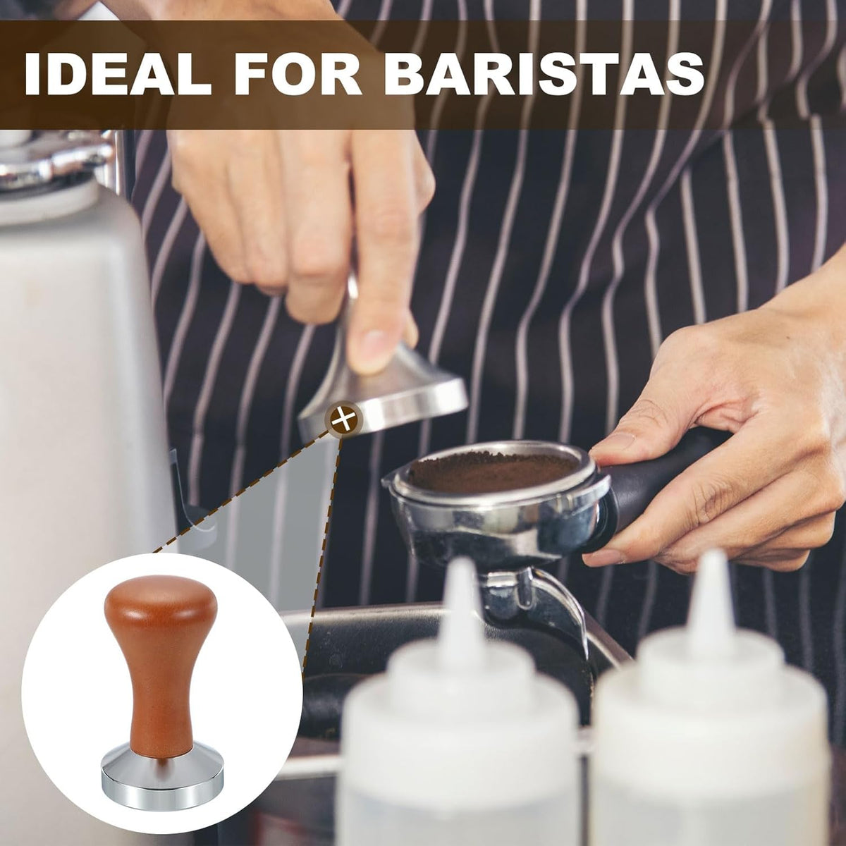 uxcell 51mm Coffee Tamper, Stainless Steel Espresso Press Tamper, Espresso Tamper with Wooden Handle Suitable for Coffee Shop, Restaurant Bar, Bakery (Dark Brown)